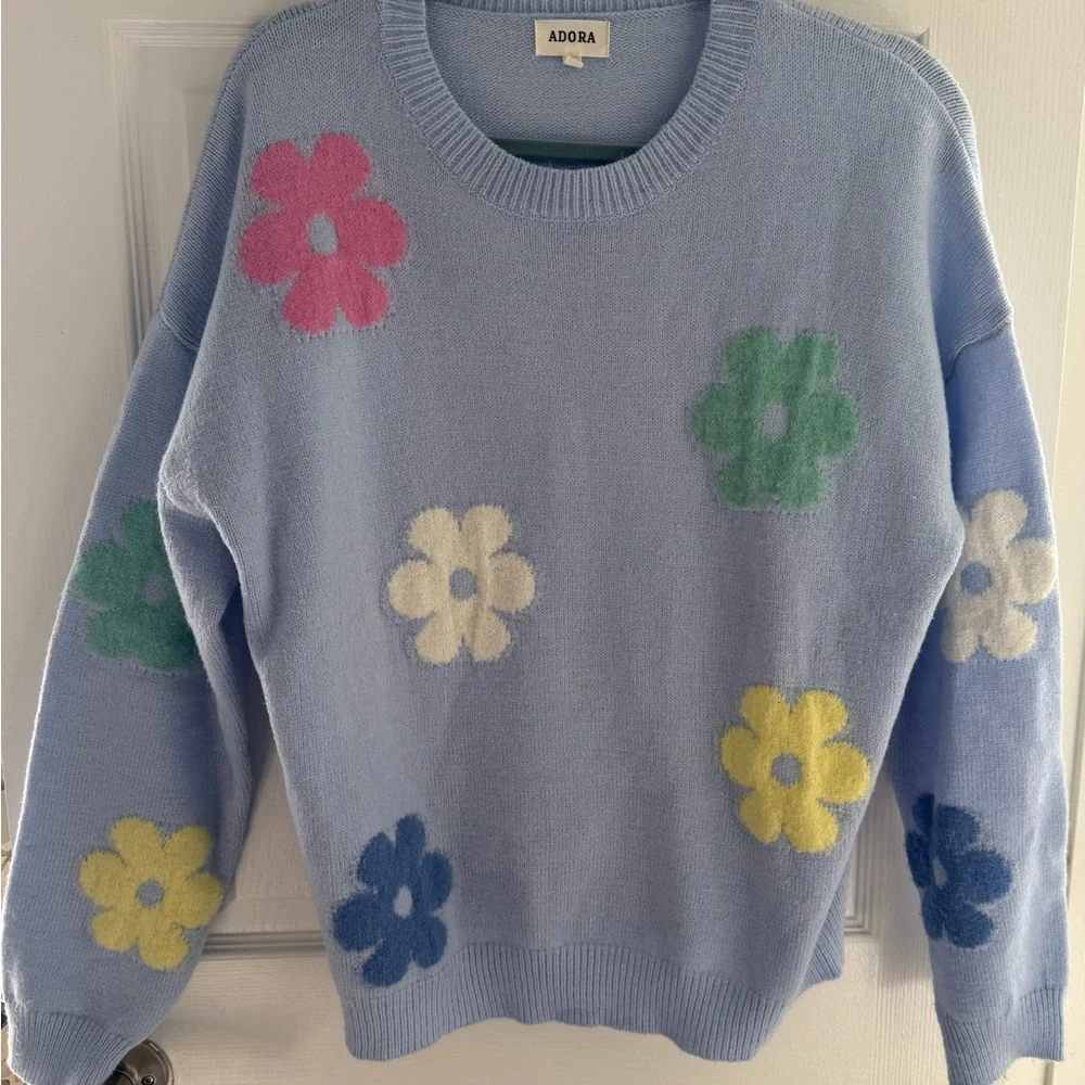 ADORA Woman’s Retro Pastel Floral Crew Neck Sweater Medium - Picture 4 of 7